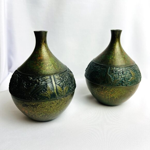 Japanese Vintage Ikebana Metal Flower Vases with Butterfly Floral Design Pair - Picture 10 of 13